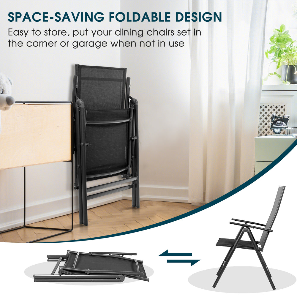 Adjustable black folding dining chair recliners with space-saving design, perfect for patio or garden use.