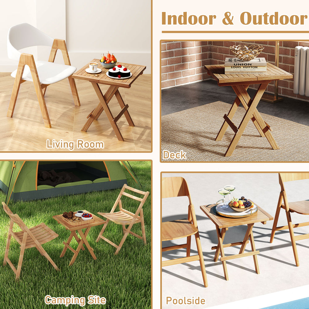 Patio folding side table with slatted tabletop, made of teak wood, ideal for camping and outdoor use.