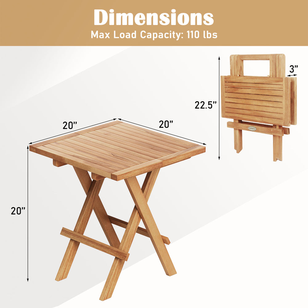 Folding side table with slatted teak wood top and X-shaped legs, ideal for camping and backyard use, dimensions shown.