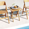 Patio folding side table made of teak wood with slatted tabletop, ideal for outdoor use and easy storage.