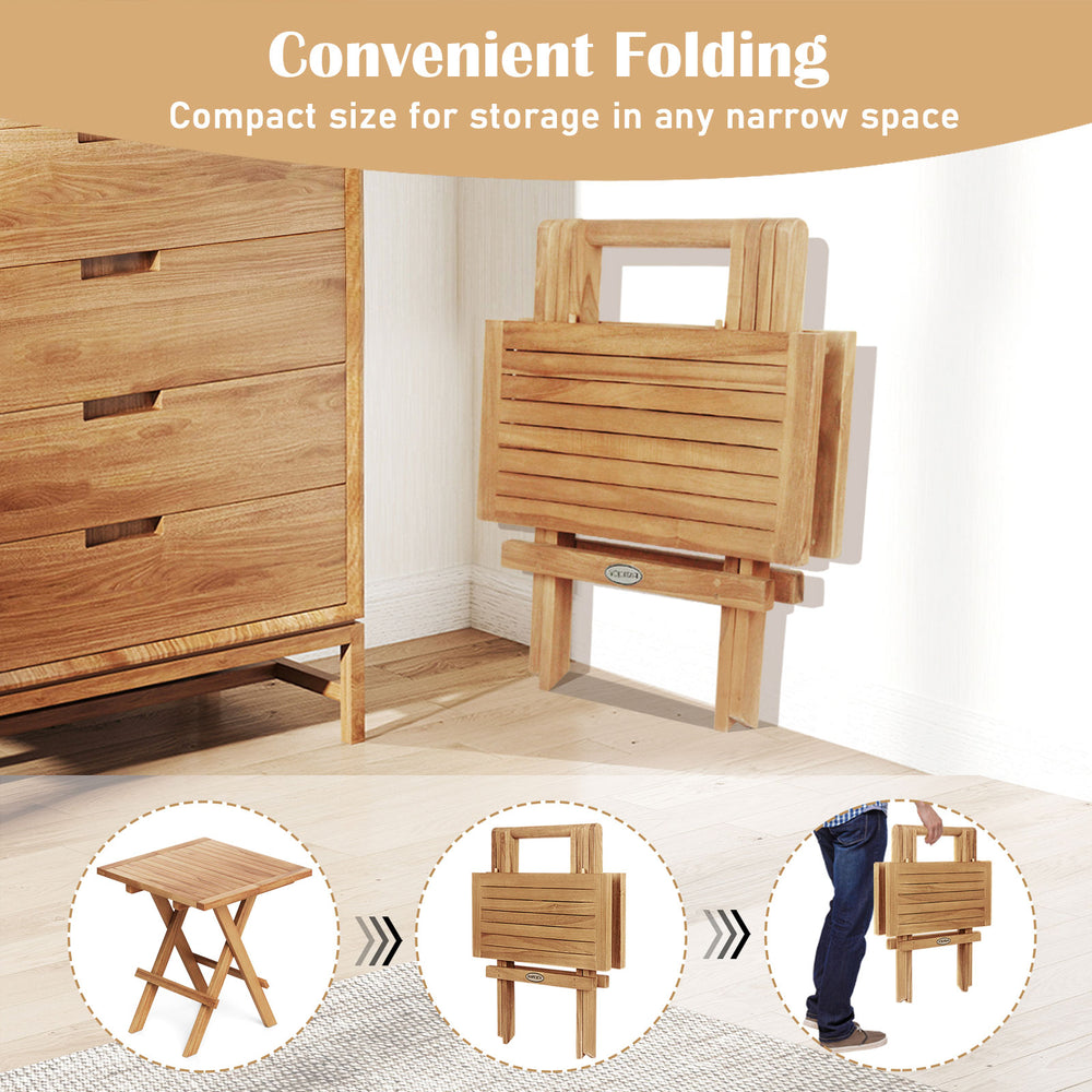 Patio folding side table made of teak wood with slatted tabletop, compact and lightweight for easy storage and.