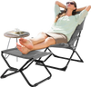 Patio folding sling chair with ottoman, gray cushion, perfect for poolside relaxation and space-saving storage.