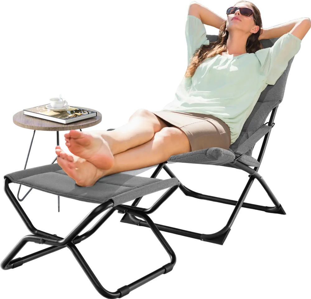 Patio folding sling chair with ottoman, gray cushion, perfect for poolside relaxation and space-saving storage.