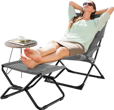 Costway Patio Folding Sling Chaise Lounge Chair w/ Ottoman Footrest Removable Cushion Gray 32671859 New