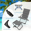 Gray patio folding sling chair with ottoman, ergonomic design, removable cushion, ideal for poolside or garden use.
