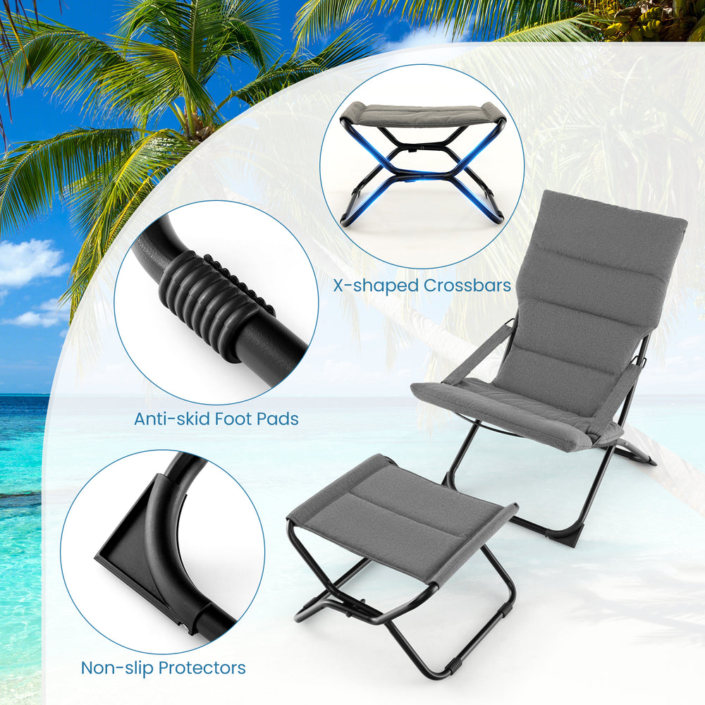 Gray patio folding sling chair with ottoman, ergonomic design, removable cushion, ideal for poolside or garden use.