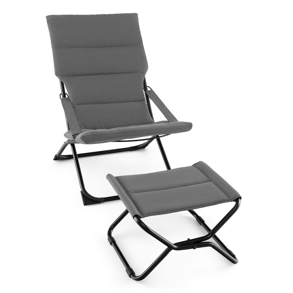 Gray patio folding sling chair with ottoman footrest, featuring a removable cushion for versatile outdoor comfort.
