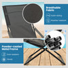 Close-up of breathable gray fabric on a patio folding sling chair with a sturdy, rust-resistant metal frame.
