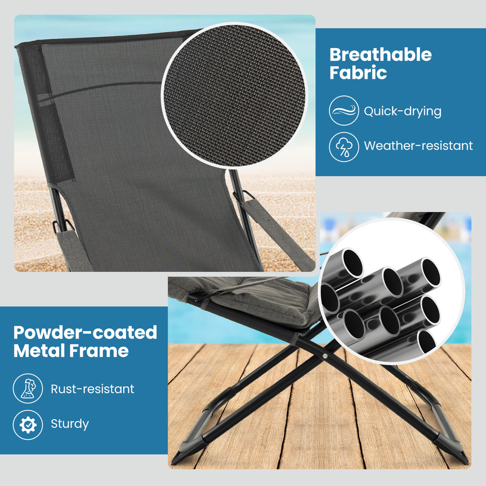Close-up of breathable gray fabric on a patio folding sling chair with a sturdy, rust-resistant metal frame.