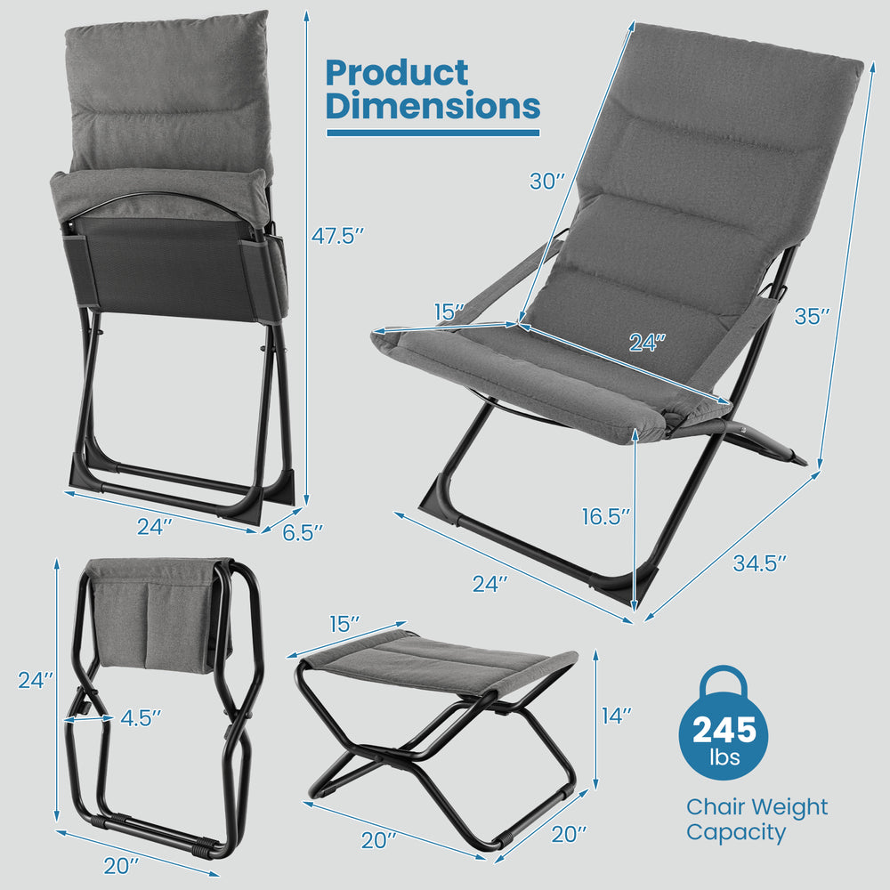 Patio folding sling chair with removable gray cushion, ergonomic design, and sturdy metal frame for outdoor relaxation.