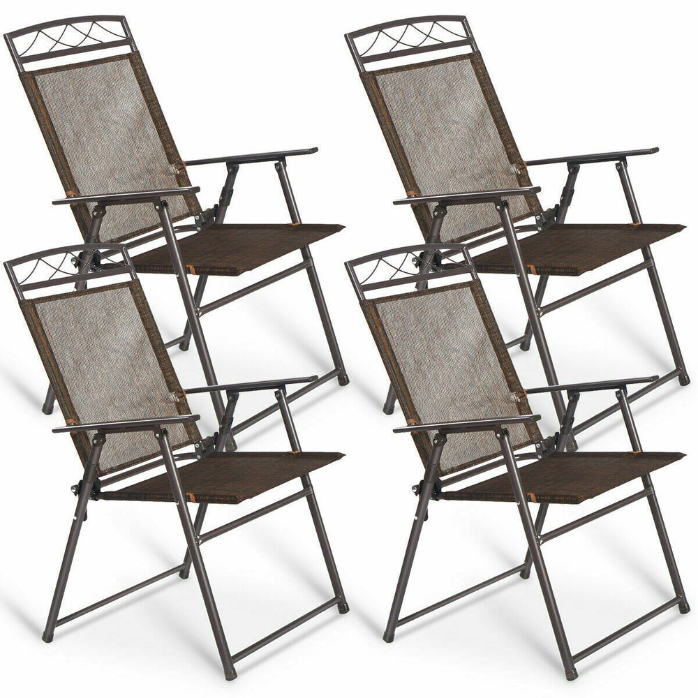 Set of 4 patio folding sling chairs with durable steel frame, breathable fabric, ideal for outdoor use and easy storage.