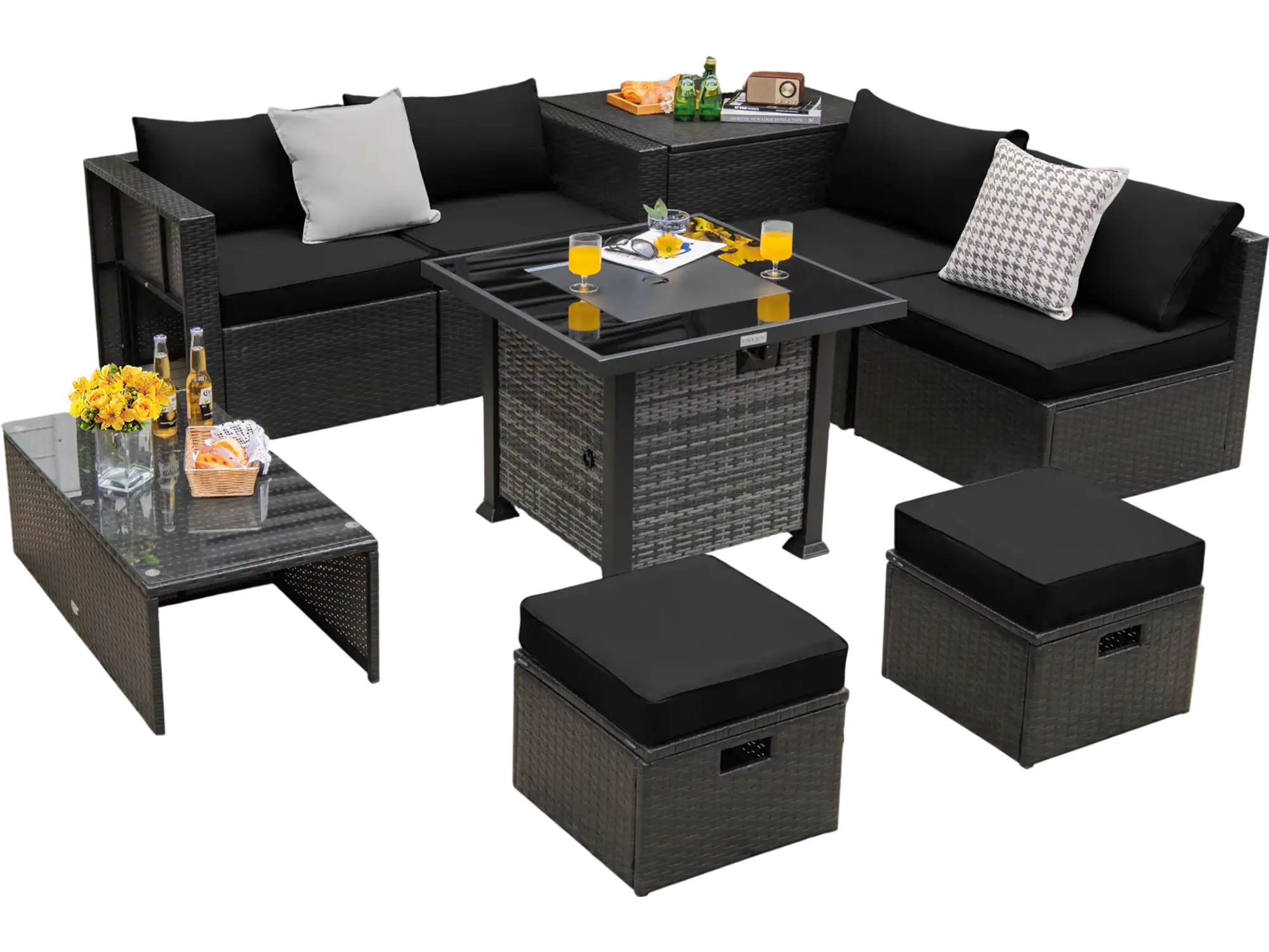 Costway 9-Piece Outdoor Patio Furniture Sofa Set w/ 50,000 BTU Propane Fire Pit Table Black 35892761 New