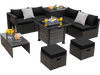 Outdoor 9-piece patio furniture set with black cushions and propane fire pit table, perfect for outdoor gatherings.