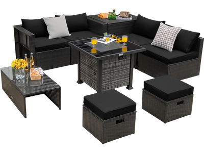 Costway 9-Piece Outdoor Patio Furniture Sofa Set w/ 50,000 BTU Propane Fire Pit Table Black 35892761 New
