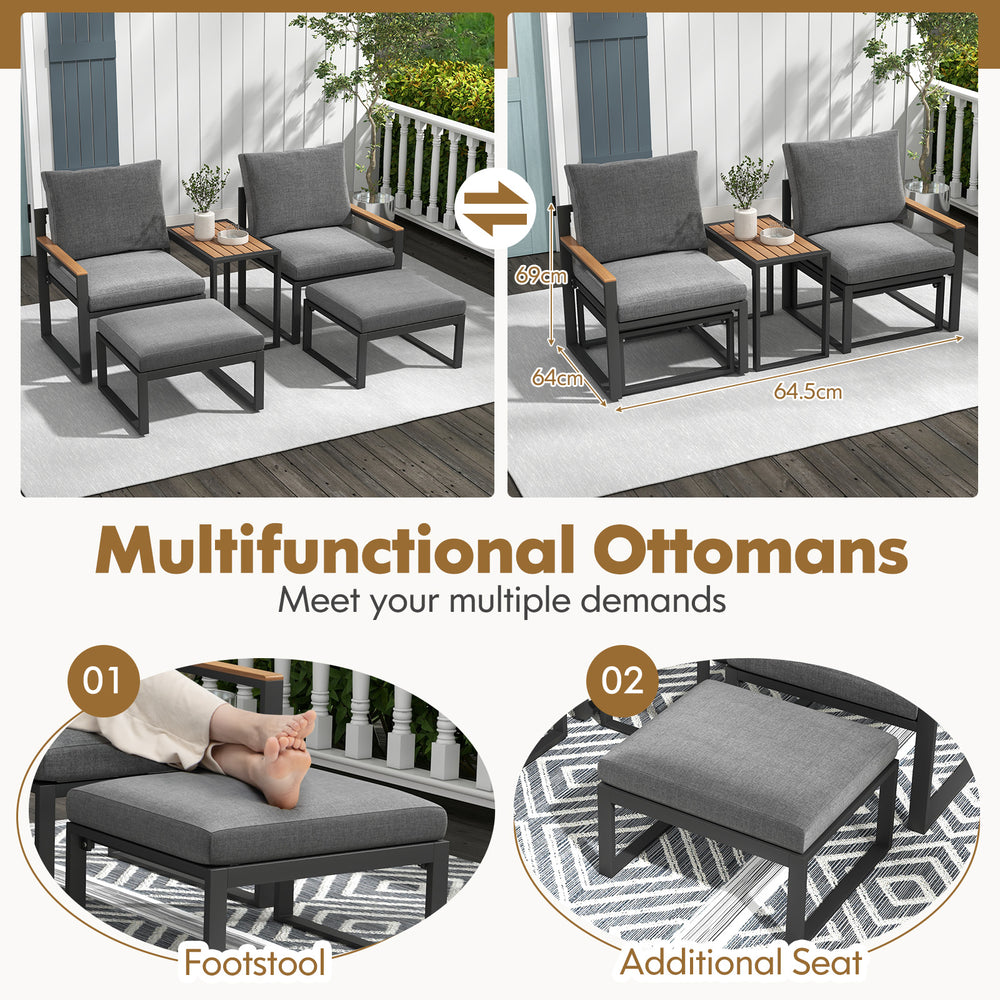 Multifunctional ottomans in gray, serving as footrests or additional seats, perfect for outdoor patio use.