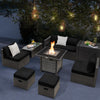 9-piece outdoor patio furniture set with black cushions and a propane fire pit table for cozy gatherings.