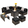 Outdoor 9-piece patio furniture set with black cushions and a propane fire pit table for cozy gatherings.