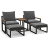 Two gray outdoor chairs with ottomans and a WPC side table, featuring aluminum frames and soft cushions for patio use.