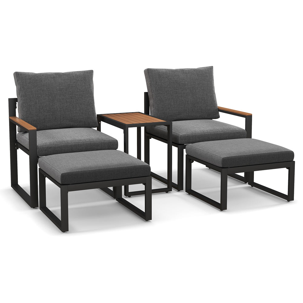 Two gray outdoor chairs with ottomans and a WPC side table, featuring aluminum frames and soft cushions for patio use.