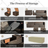 Storage process for the outdoor 9-piece patio furniture set, including ottomans and fire pit table with cushions.