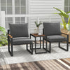 Two gray cushioned chairs with a WPC tabletop, part of a weatherproof outdoor conversation set for patio use.