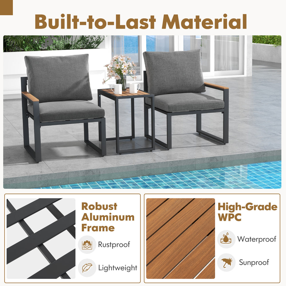 Two gray cushioned chairs with aluminum frames and a WPC tabletop, perfect for outdoor patio relaxation.
