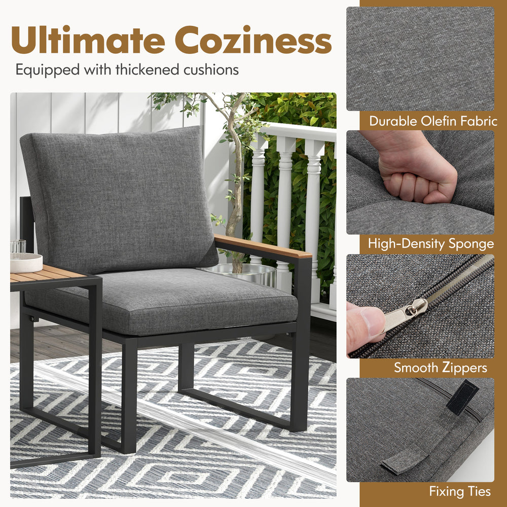 Gray outdoor chair with thickened Olefin fabric cushions and aluminum frame, ideal for patio and backyard relaxation.