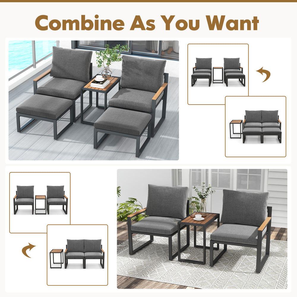 Gray 5-piece outdoor conversation set with aluminum frame, soft cushions, and adjustable ottomans for versatile seating.