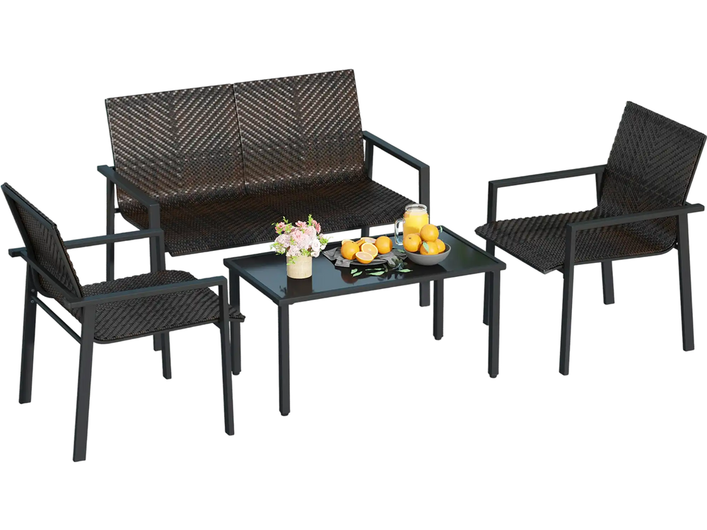 4-piece patio furniture set featuring brown/black PE rattan and a tempered glass coffee table, ideal for outdoor.
