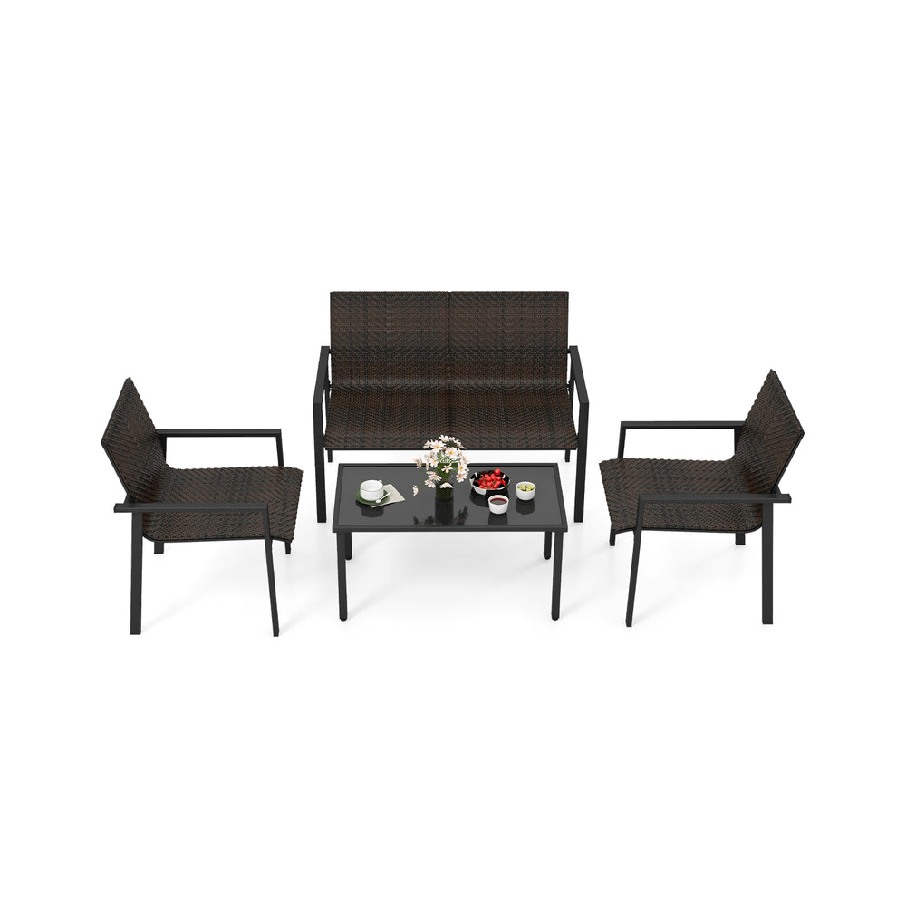 4-piece patio furniture set featuring brown PE rattan, galvanized metal frame, and a spacious coffee table for outdoor.