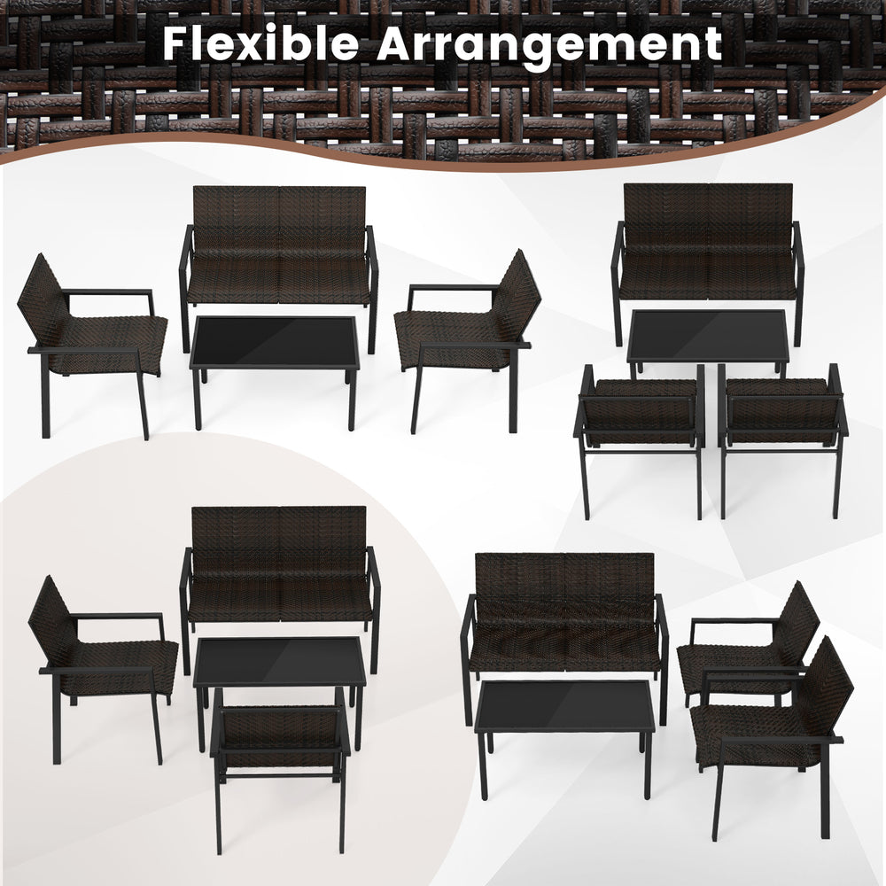 4-piece patio furniture set featuring brown/black PE rattan and a spacious coffee table, ideal for backyard or poolside.
