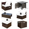 Patio furniture set featuring a fire pit table, soft cushions, and storage ottoman, ideal for outdoor relaxation.