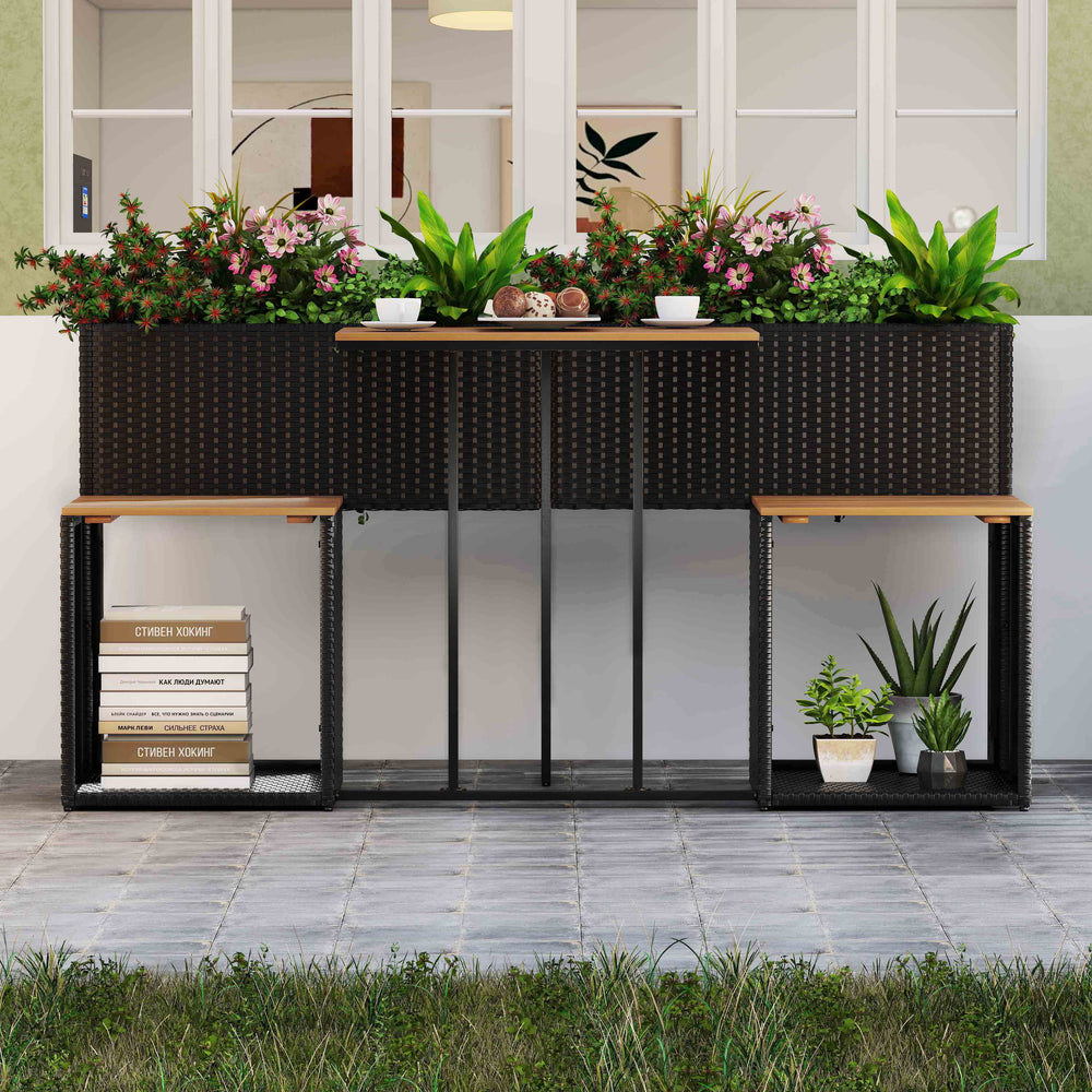 Patio furniture set featuring a raised garden bed with PE rattan and acacia wood, perfect for outdoor spaces.