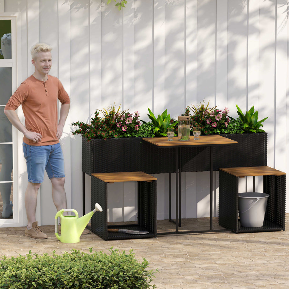 Patio furniture set featuring a raised garden bed, acacia wood, and PE rattan, perfect for outdoor spaces.
