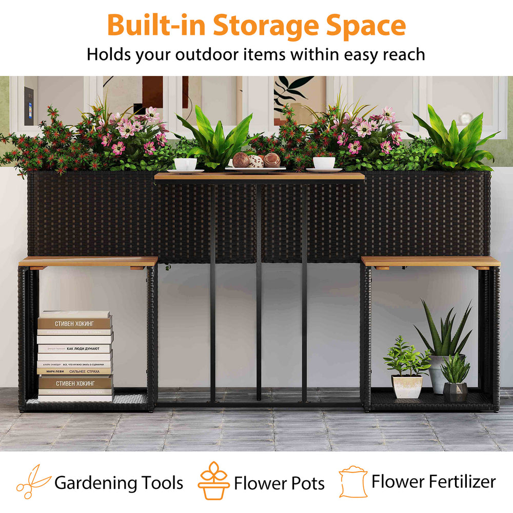 Patio furniture set featuring a raised garden bed with built-in storage, made of durable PE rattan and acacia wood.
