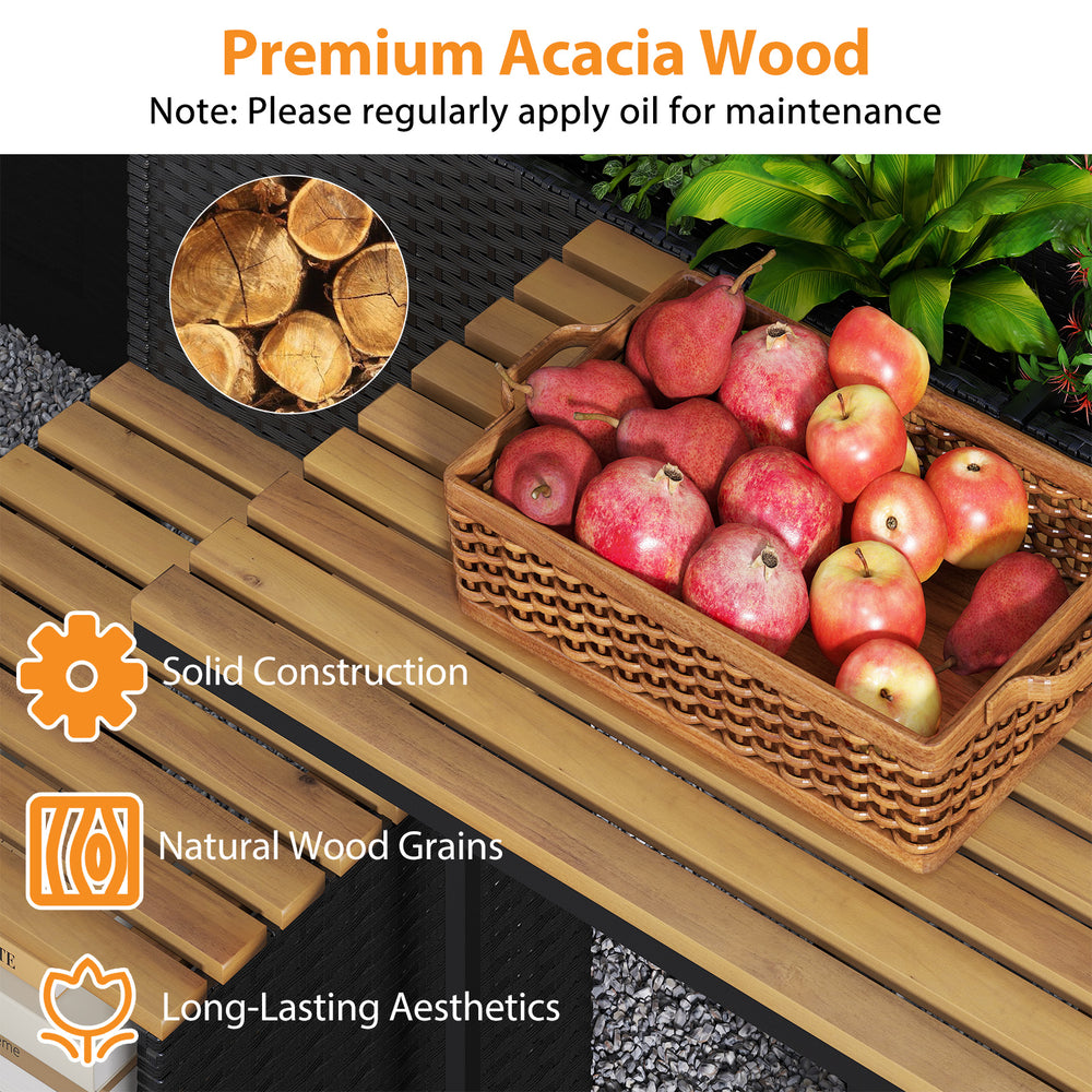 Raised garden bed made of premium acacia wood with apples, featuring natural wood grains for outdoor aesthetics.