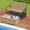 Patio glider bench for 2 with curved teak armrests and breathable fabric seat, perfect for poolside relaxation.