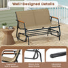 Patio glider bench for 2 with curved teak armrests and breathable fabric seat, perfect for backyard relaxation.
