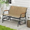 Patio glider bench for 2 with breathable fabric seat, curved teak armrests, and sturdy metal frame, perfect for outdoor.