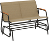 Patio glider bench for 2 with breathable fabric seat and curved teak armrests, ideal for backyard or porch relaxation.