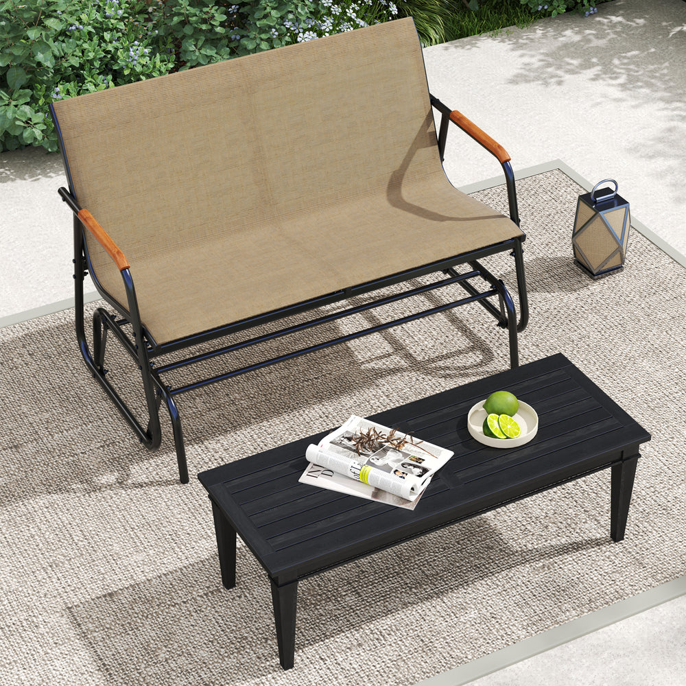 Patio glider bench in brown with a breathable fabric seat and sturdy metal frame, perfect for poolside lounging for 2.