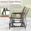 Patio glider bench with curved teak armrests and breathable fabric seat, ideal for backyard relaxation for 2 people.