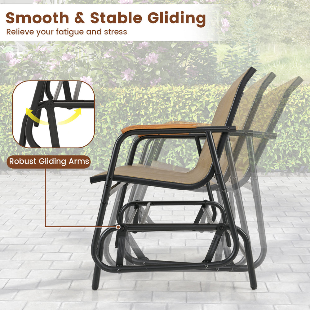 Patio glider bench with curved teak armrests and breathable fabric seat, ideal for backyard relaxation for 2 people.