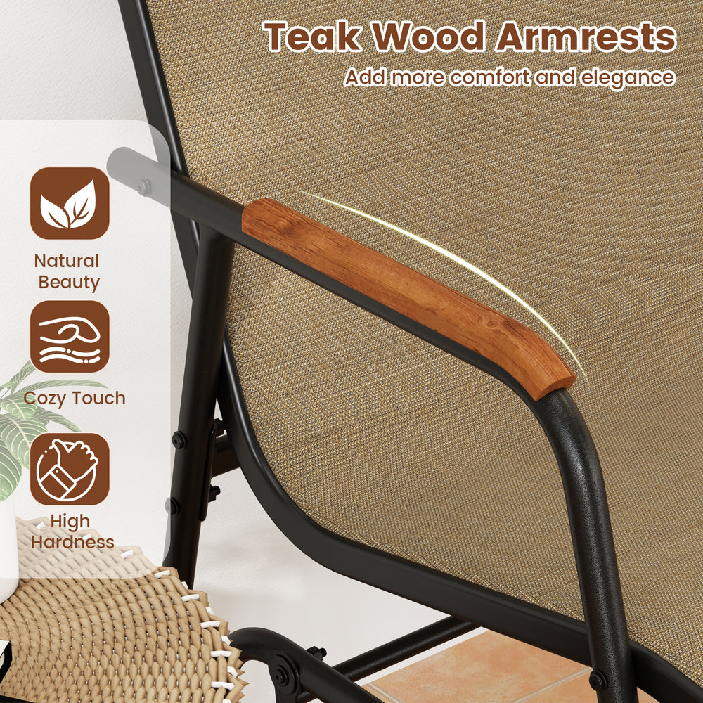 Teak wood armrest detail of the patio glider bench, featuring breathable fabric seat for outdoor comfort and elegance.