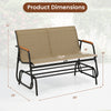 Patio glider bench dimensions with curved teak armrests and breathable fabric seat for 2 people in brown.