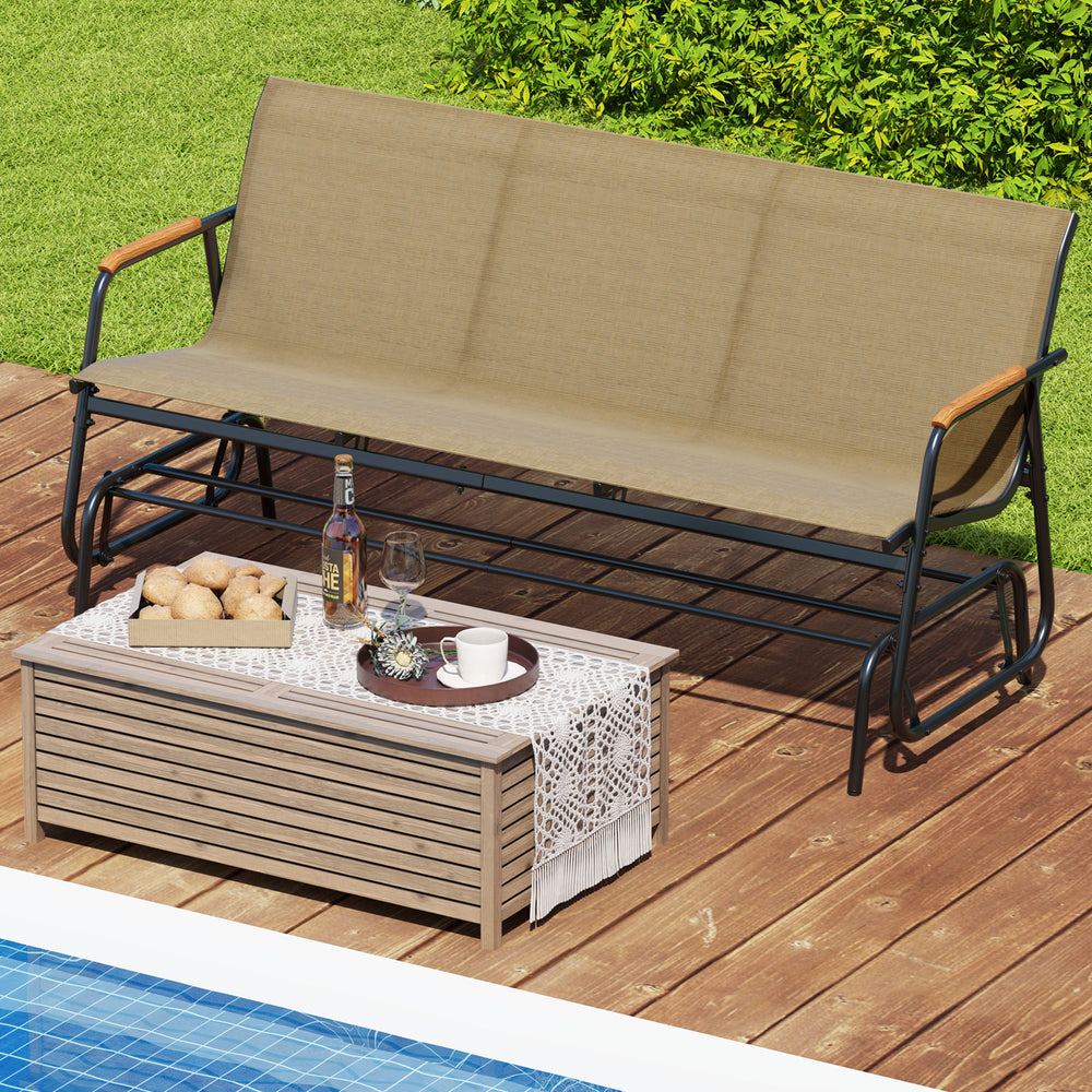 Patio Glider Bench with Curved Teak Armrests and Breathable Fabric Seat for 3 People-Brown - Gallery View 1 of 10