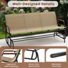 Patio glider bench with curved teak armrests and breathable fabric seat, designed for comfort and stability in outdoor.