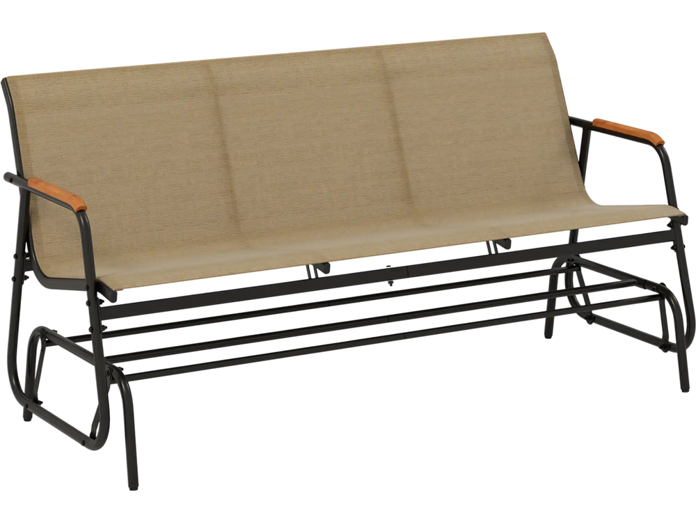 Patio glider bench with curved teak armrests and breathable fabric seat, designed for 3 people, perfect for outdoor.