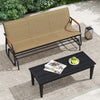 Patio glider bench with curved teak armrests and breathable fabric seat, perfect for backyard relaxation.