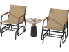 Patio glider chair set of 2 with curved teak armrests and breathable fabric, perfect for backyard relaxation.